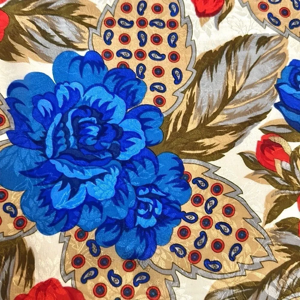 Albert Nipon for XIIX KARAT Silk Scarf Blue Magenta Tan Floral Roses Vintage